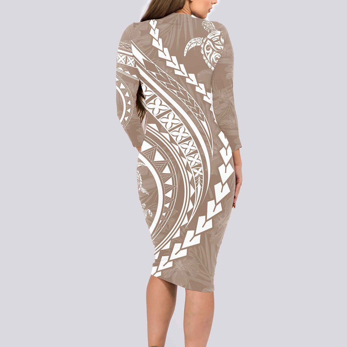 Polynesian Pride Long Sleeve Bodycon Dress Turtle Hibiscus Luxury Style - Beige - Wonder Print Shop