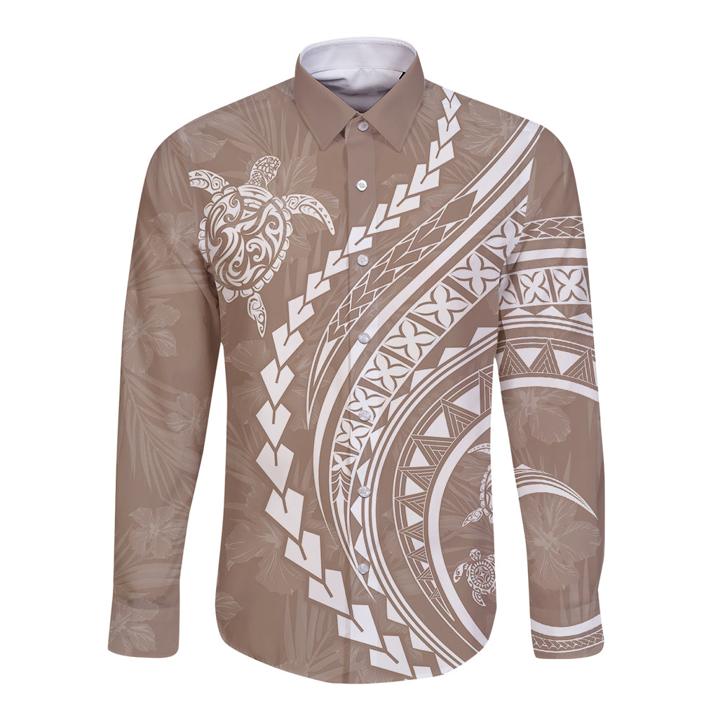 Polynesian Pride Long Sleeve Button Shirt Turtle Hibiscus Luxury Style - Beige - Wonder Print Shop