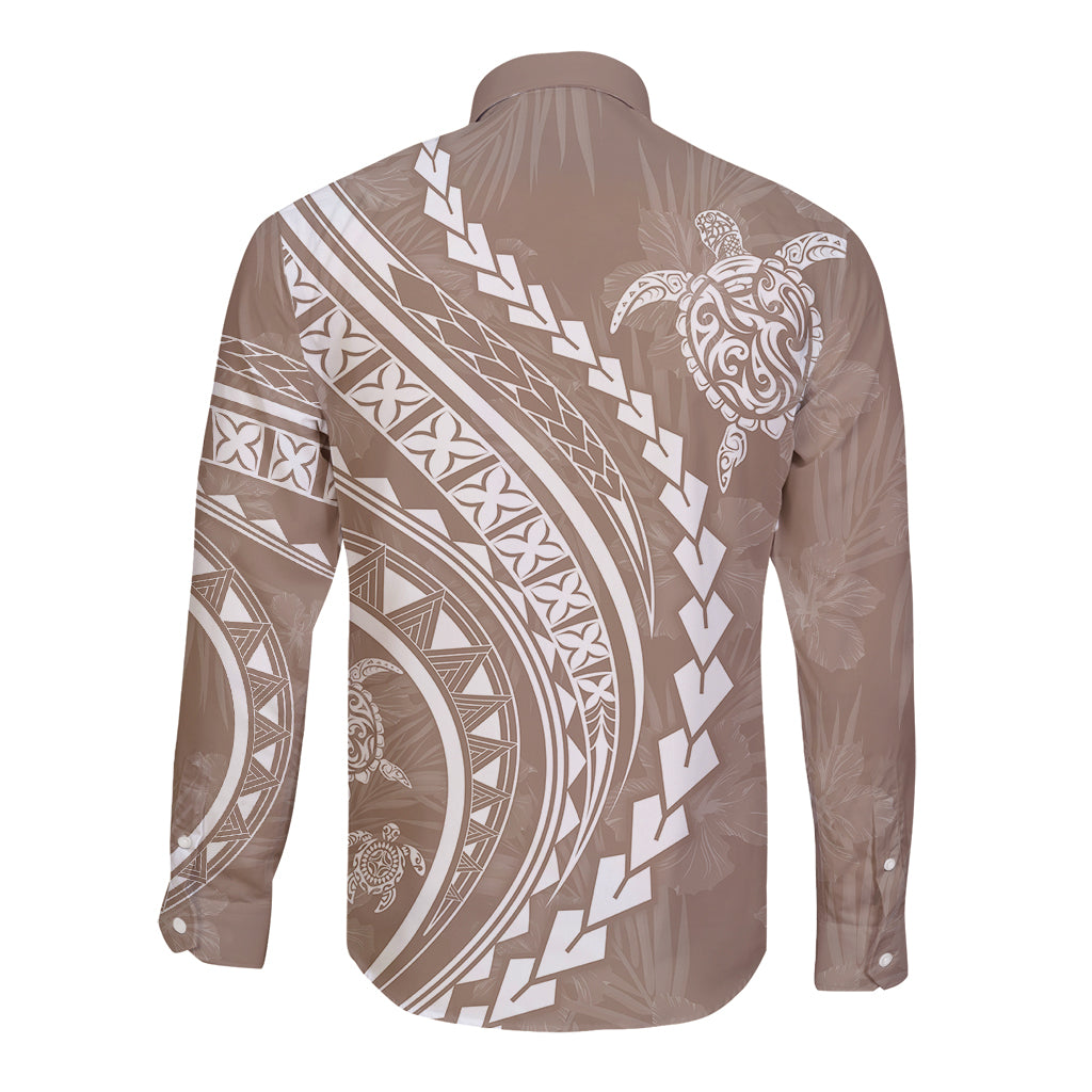 Polynesian Pride Long Sleeve Button Shirt Turtle Hibiscus Luxury Style - Beige - Wonder Print Shop