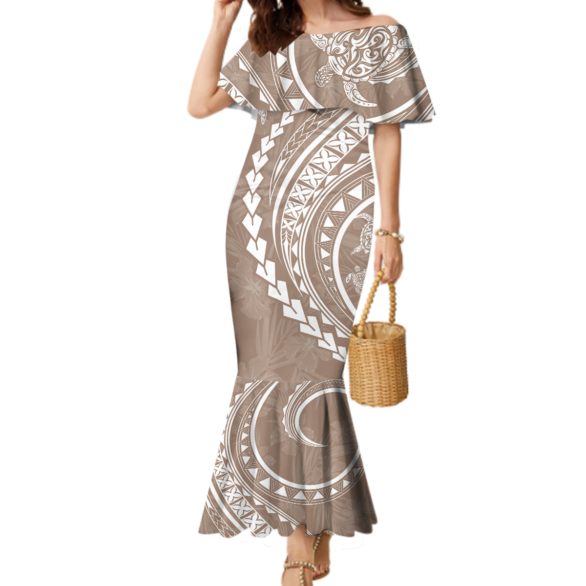 Polynesian Pride Mermaid Dress Turtle Hibiscus Luxury Style - Beige - Wonder Print Shop