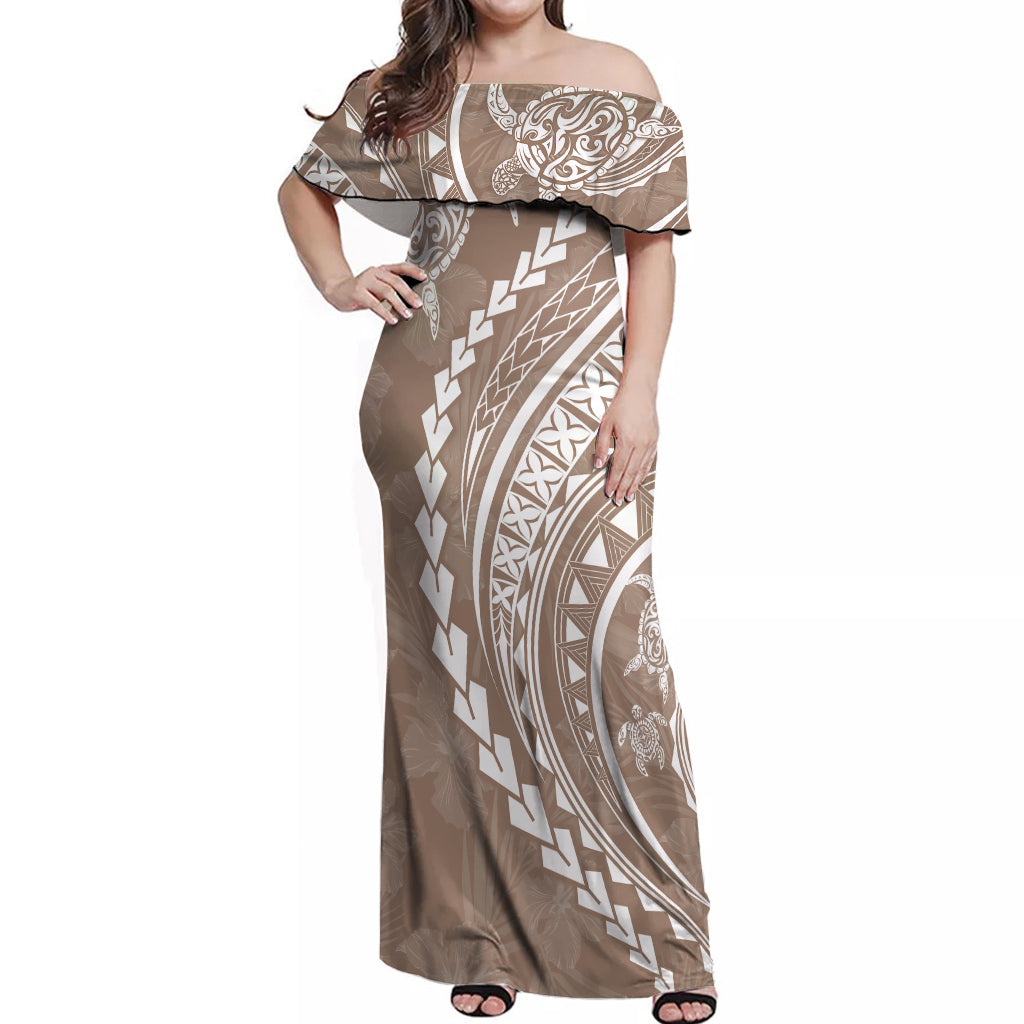 Polynesian Pride Off Shoulder Maxi Dress Turtle Hibiscus Luxury Style - Beige - Wonder Print Shop