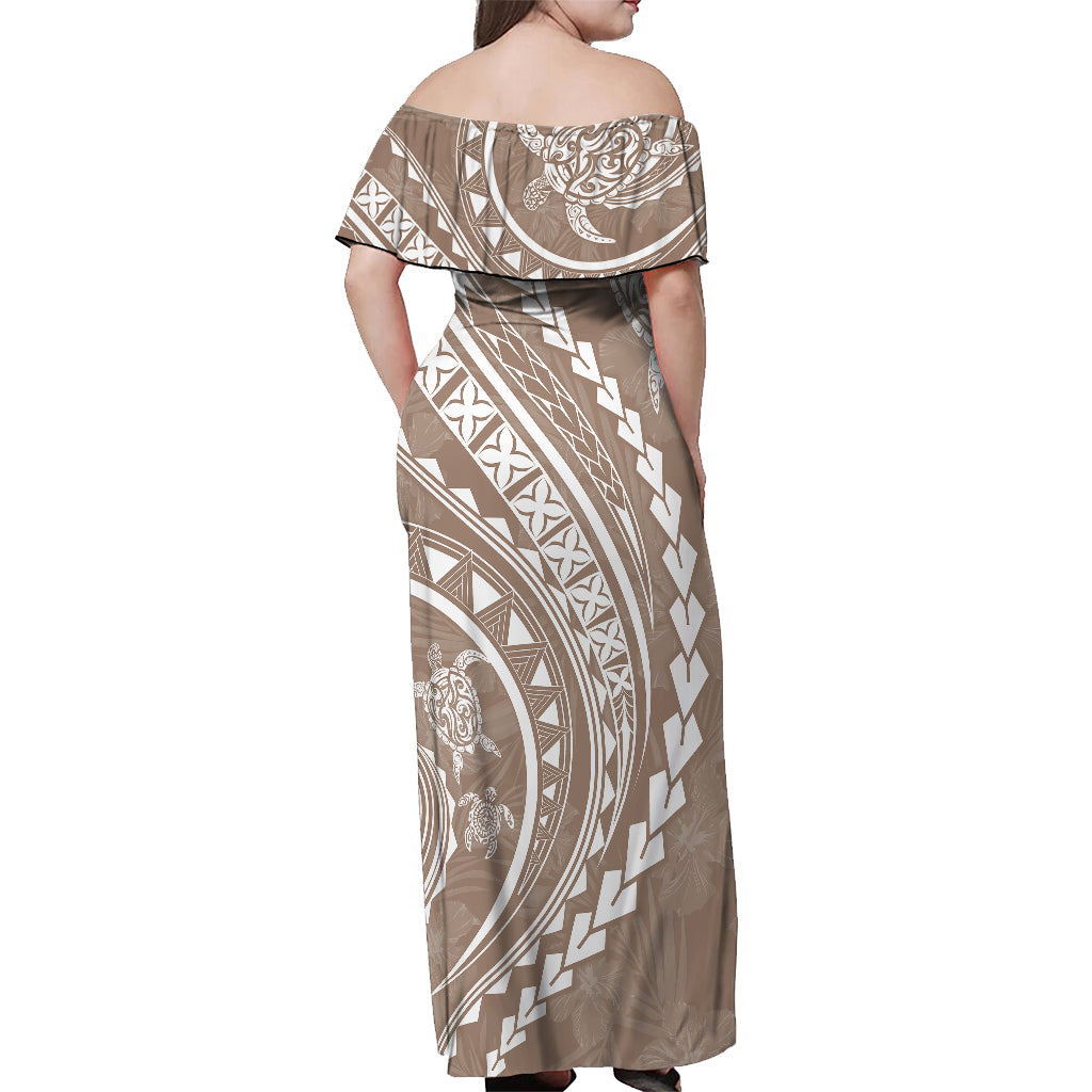 Polynesian Pride Off Shoulder Maxi Dress Turtle Hibiscus Luxury Style - Beige - Wonder Print Shop