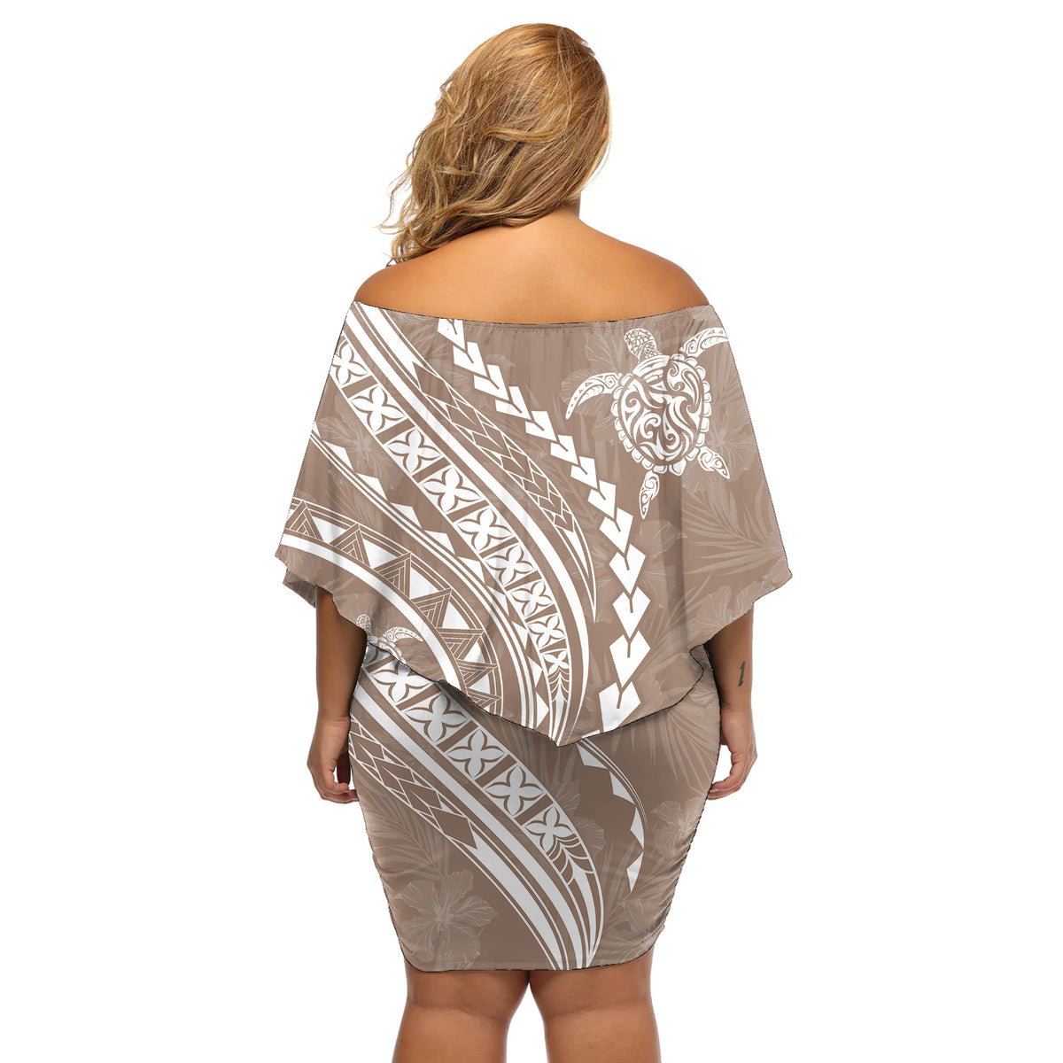 Polynesian Pride Off Shoulder Short Dress Turtle Hibiscus Luxury Style - Beige - Wonder Print Shop