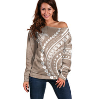Polynesian Pride Off Shoulder Sweater Turtle Hibiscus Luxury Style - Beige - Wonder Print Shop