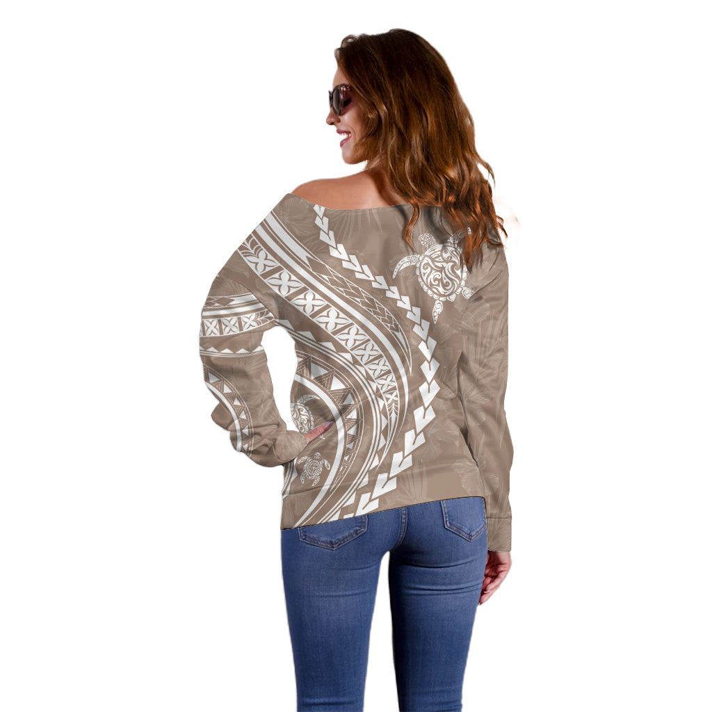 Polynesian Pride Off Shoulder Sweater Turtle Hibiscus Luxury Style - Beige - Wonder Print Shop