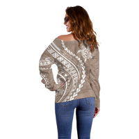 Polynesian Pride Off Shoulder Sweater Turtle Hibiscus Luxury Style - Beige - Wonder Print Shop