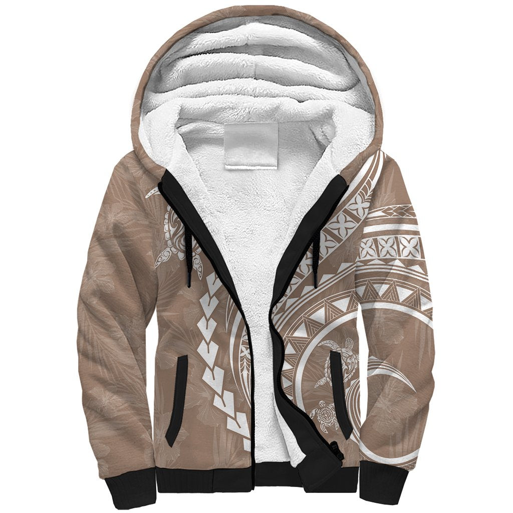 Polynesian Pride Sherpa Hoodie Turtle Hibiscus Luxury Style - Beige - Wonder Print Shop