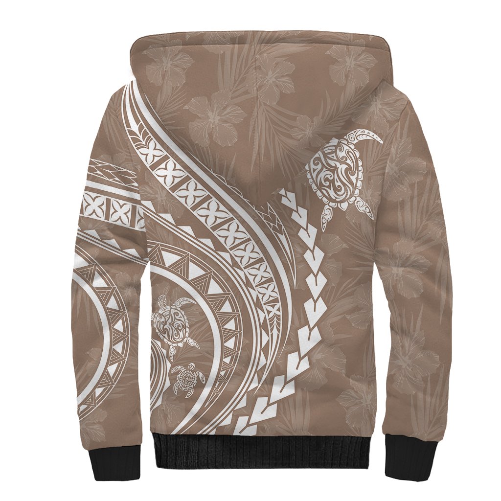 Polynesian Pride Sherpa Hoodie Turtle Hibiscus Luxury Style - Beige - Wonder Print Shop