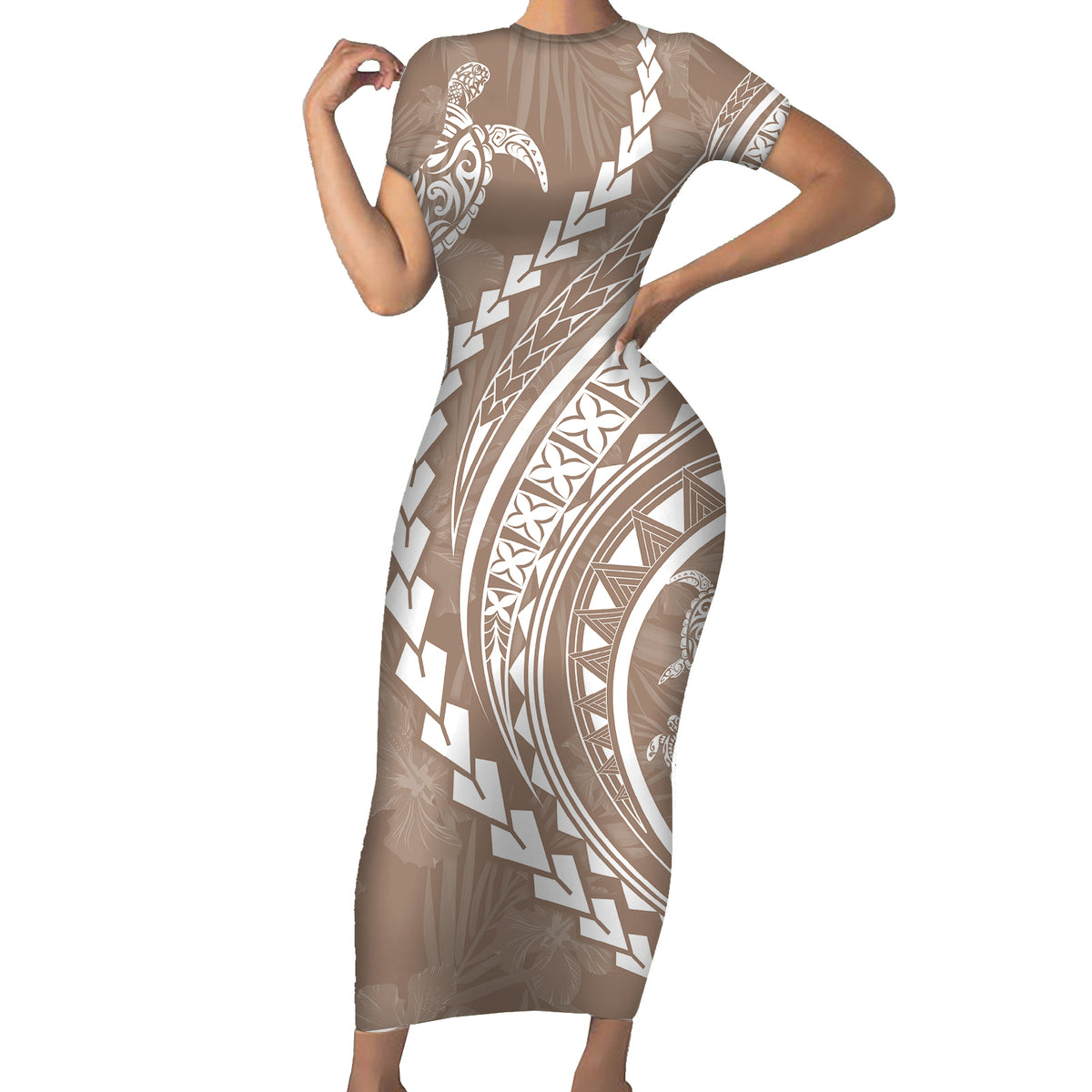 Polynesian Pride Short Sleeve Bodycon Dress Turtle Hibiscus Luxury Style - Beige - Wonder Print Shop