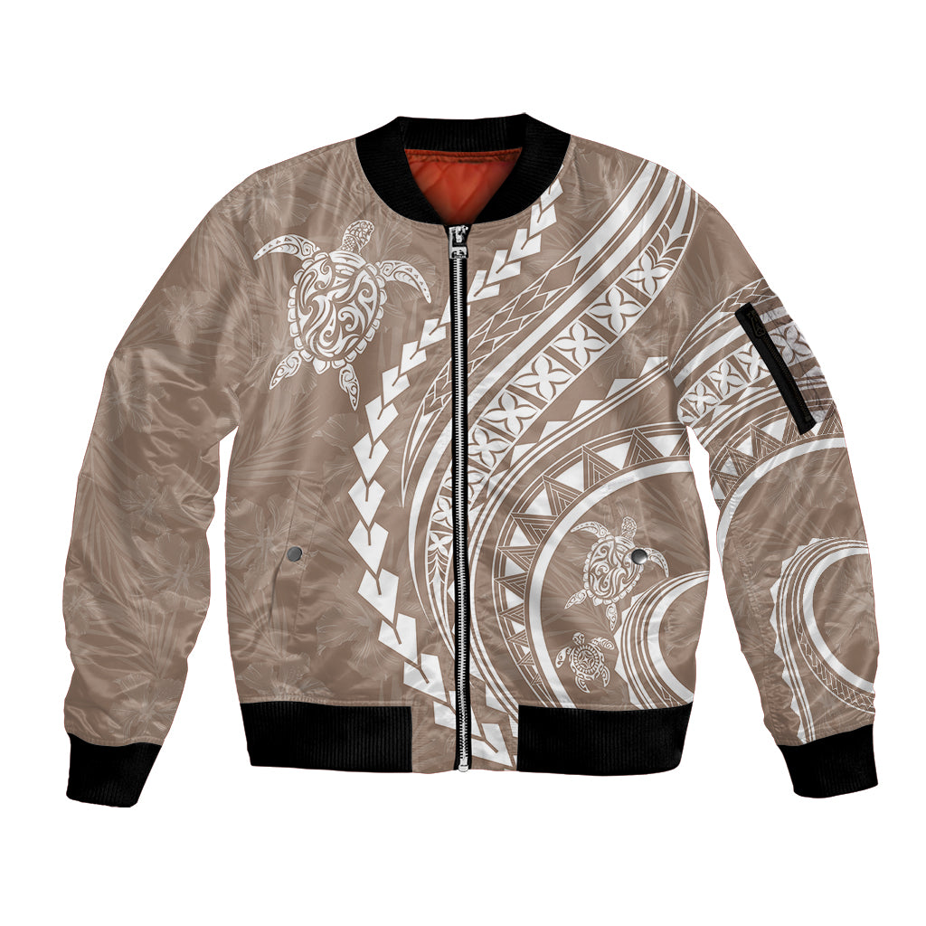 Polynesian Pride Sleeve Zip Bomber Jacket Turtle Hibiscus Luxury Style - Beige - Wonder Print Shop