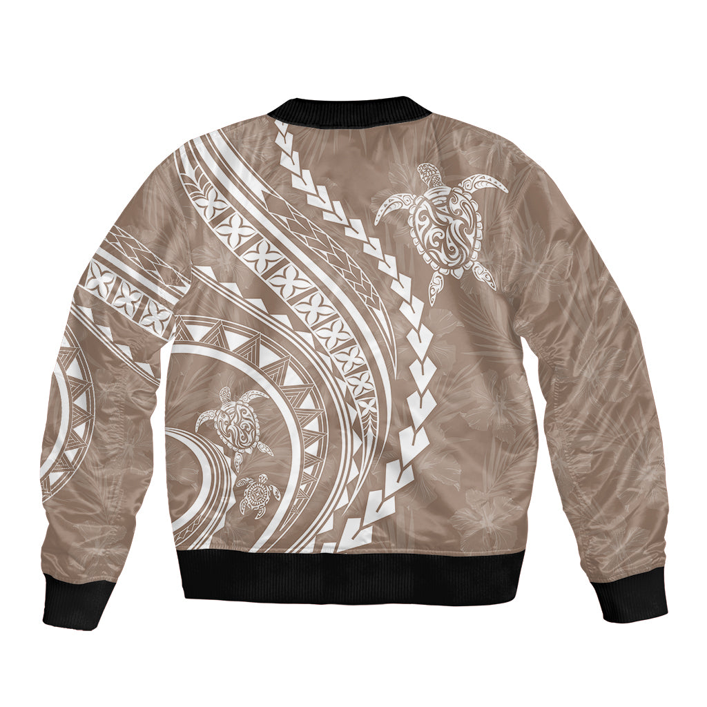 Polynesian Pride Sleeve Zip Bomber Jacket Turtle Hibiscus Luxury Style - Beige - Wonder Print Shop