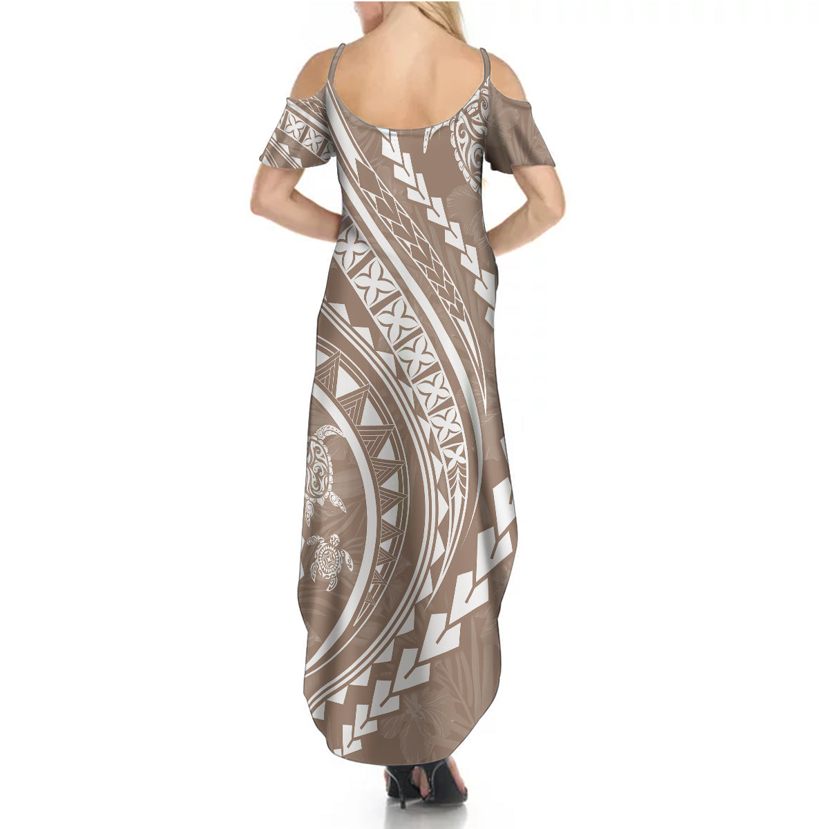 Polynesian Pride Summer Maxi Dress Turtle Hibiscus Luxury Style - Beige - Wonder Print Shop