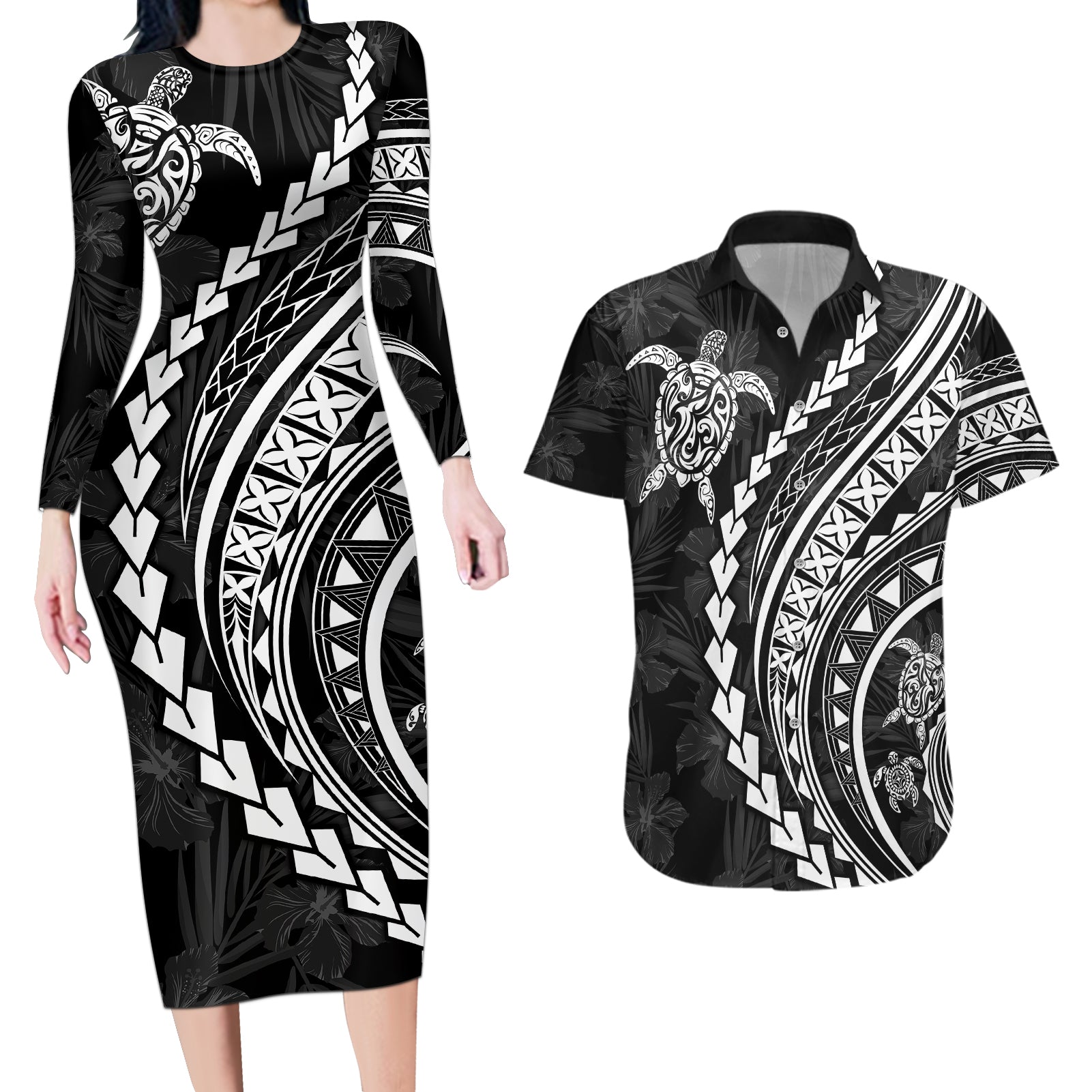 Polynesian Pride Couples Matching Long Sleeve Bodycon Dress and Hawaiian Shirt Turtle Hibiscus Luxury Style - Black LT7 - Wonder Print Shop