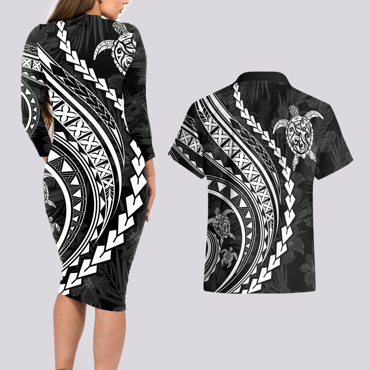 Polynesian Pride Couples Matching Long Sleeve Bodycon Dress and Hawaiian Shirt Turtle Hibiscus Luxury Style - Black LT7 - Wonder Print Shop