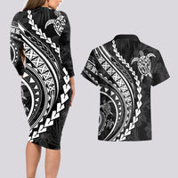 Polynesian Pride Couples Matching Long Sleeve Bodycon Dress and Hawaiian Shirt Turtle Hibiscus Luxury Style - Black LT7 - Wonder Print Shop