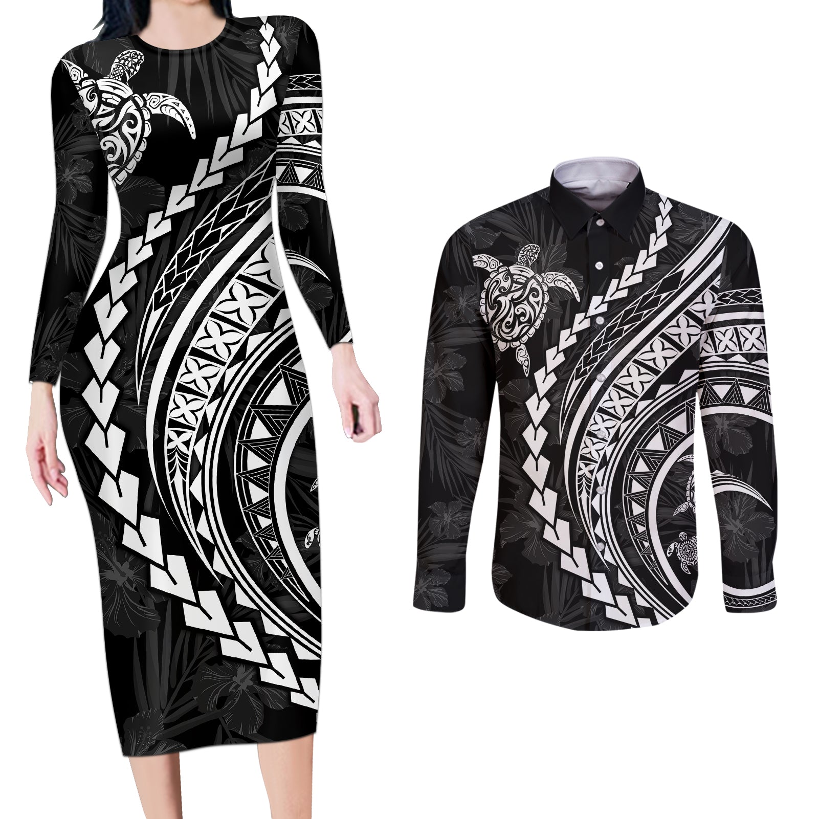 Polynesian Pride Couples Matching Long Sleeve Bodycon Dress and Long Sleeve Button Shirts Turtle Hibiscus Luxury Style - Black LT7 - Wonder Print Shop