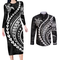Polynesian Pride Couples Matching Long Sleeve Bodycon Dress and Long Sleeve Button Shirts Turtle Hibiscus Luxury Style - Black LT7 - Wonder Print Shop