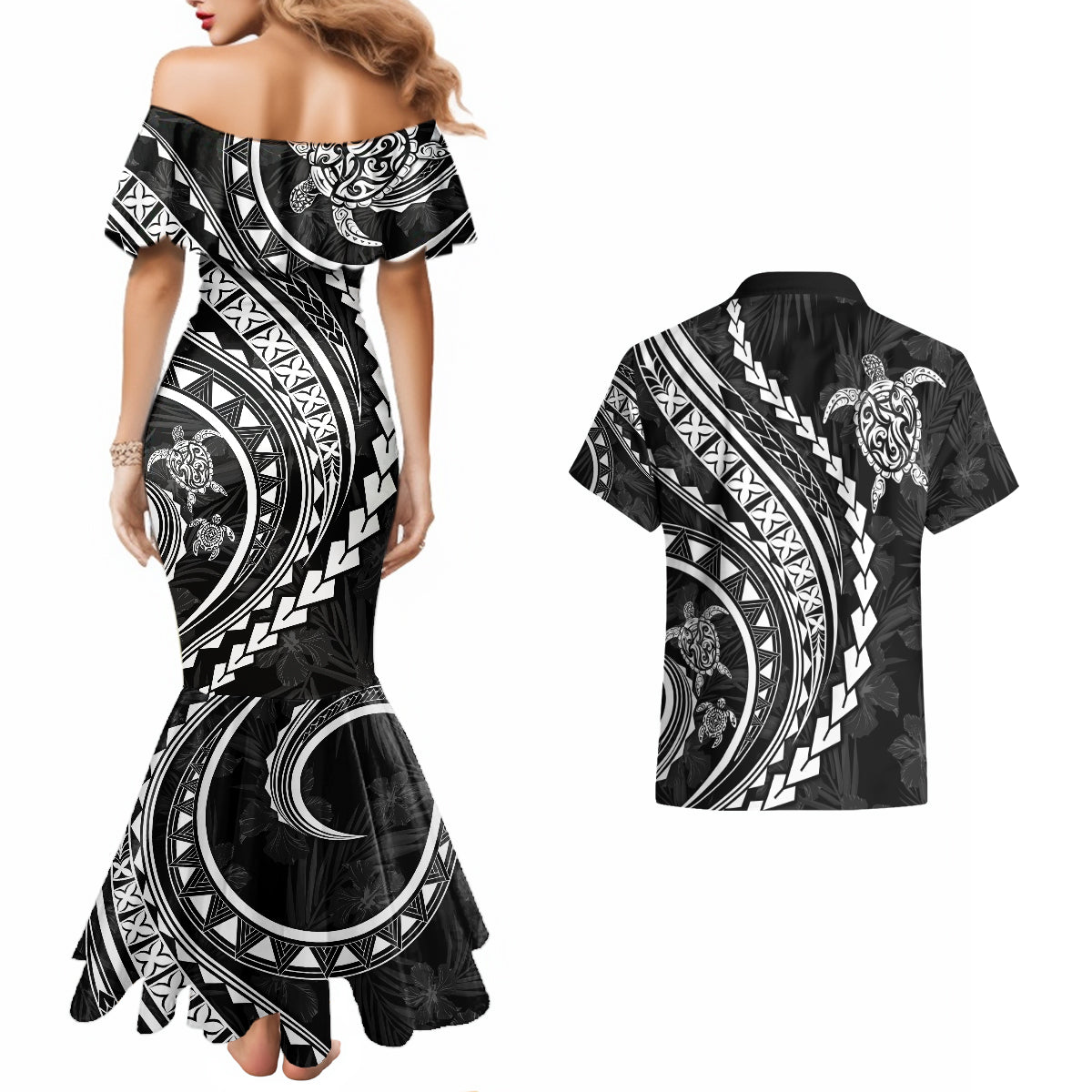 Polynesian Pride Couples Matching Mermaid Dress and Hawaiian Shirt Turtle Hibiscus Luxury Style - Black LT7 - Wonder Print Shop