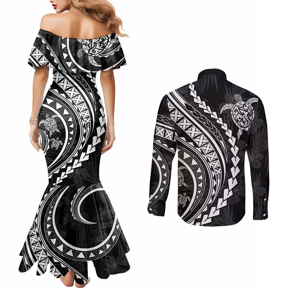 polynesian-pride-couples-matching-mermaid-dress-and-long-sleeve-button-shirts-turtle-hibiscus-luxury-style-black