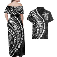 Polynesian Pride Couples Matching Off Shoulder Maxi Dress and Hawaiian Shirt Turtle Hibiscus Luxury Style - Black LT7 - Wonder Print Shop