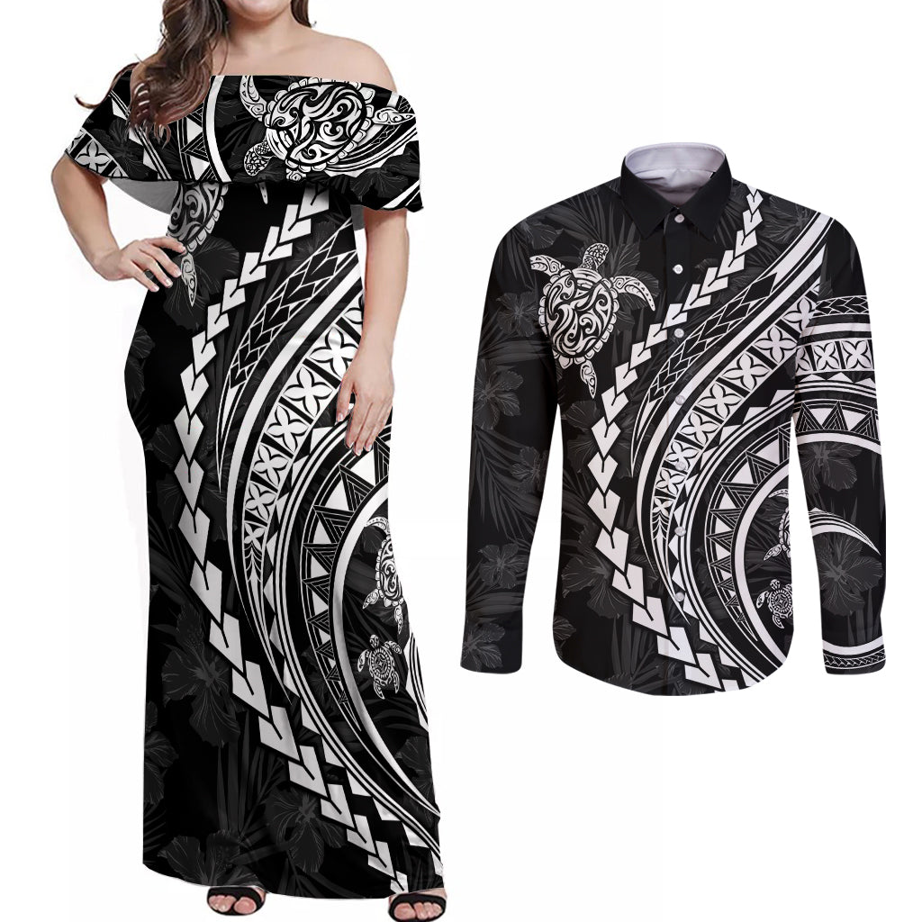 Polynesian Pride Couples Matching Off Shoulder Maxi Dress and Long Sleeve Button Shirts Turtle Hibiscus Luxury Style - Black LT7 - Wonder Print Shop