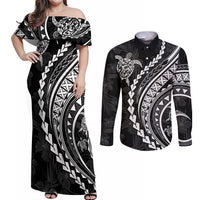 Polynesian Pride Couples Matching Off Shoulder Maxi Dress and Long Sleeve Button Shirts Turtle Hibiscus Luxury Style - Black LT7 - Wonder Print Shop