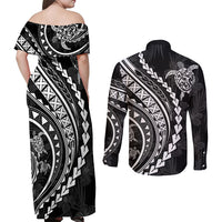 Polynesian Pride Couples Matching Off Shoulder Maxi Dress and Long Sleeve Button Shirts Turtle Hibiscus Luxury Style - Black LT7 - Wonder Print Shop