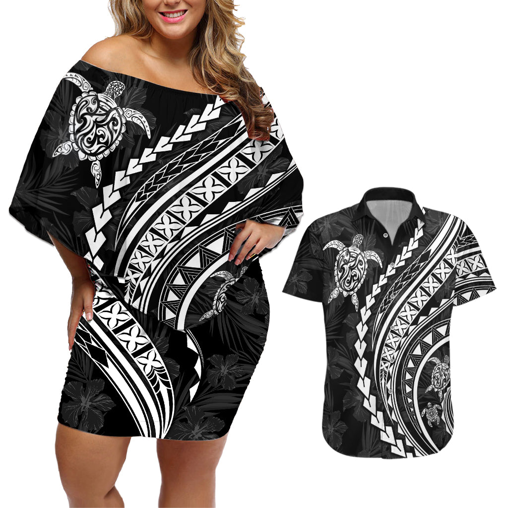 Polynesian Pride Couples Matching Off Shoulder Short Dress and Hawaiian Shirt Turtle Hibiscus Luxury Style - Black LT7 - Wonder Print Shop