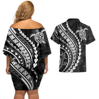 Polynesian Pride Couples Matching Off Shoulder Short Dress and Hawaiian Shirt Turtle Hibiscus Luxury Style - Black LT7 - Wonder Print Shop