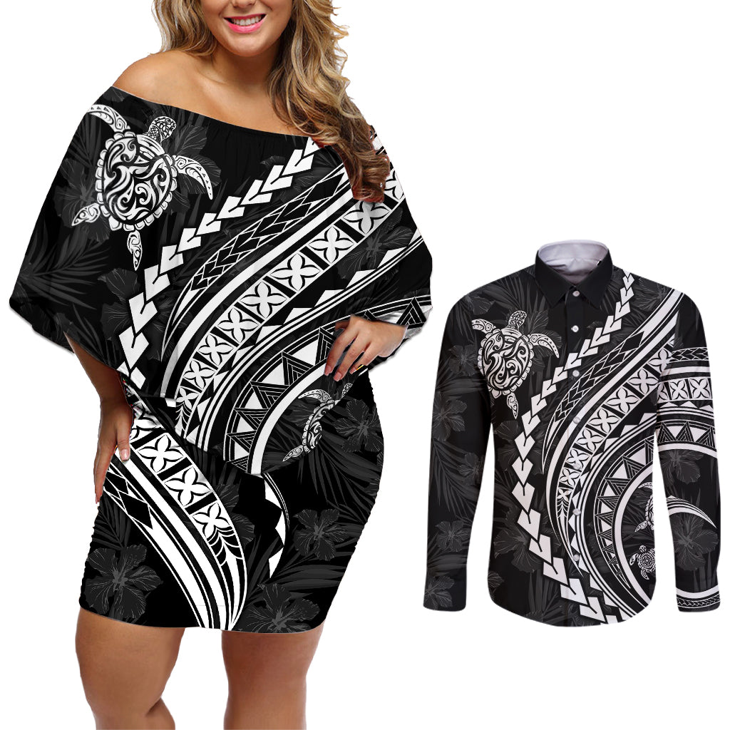 Polynesian Pride Couples Matching Off Shoulder Short Dress and Long Sleeve Button Shirts Turtle Hibiscus Luxury Style - Black LT7 - Wonder Print Shop