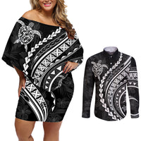 Polynesian Pride Couples Matching Off Shoulder Short Dress and Long Sleeve Button Shirts Turtle Hibiscus Luxury Style - Black LT7 - Wonder Print Shop
