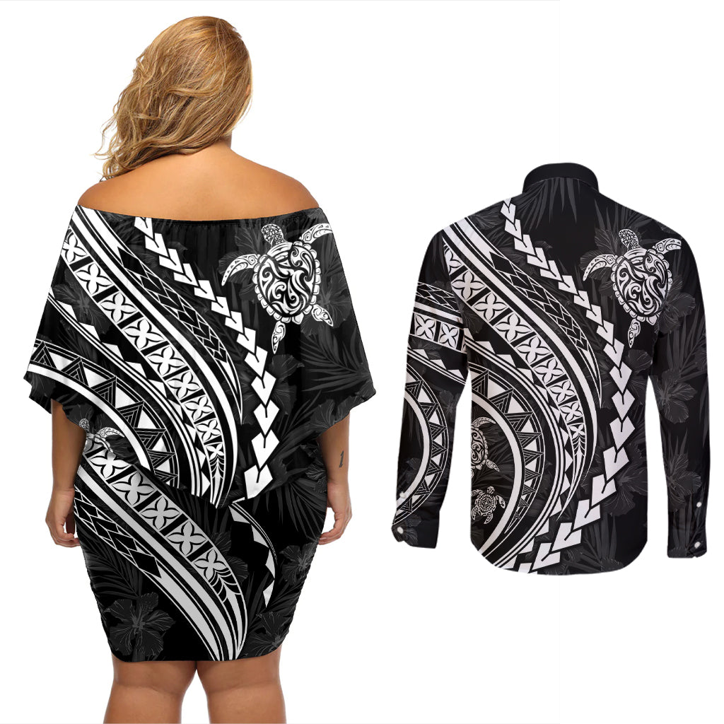 Polynesian Pride Couples Matching Off Shoulder Short Dress and Long Sleeve Button Shirts Turtle Hibiscus Luxury Style - Black LT7 - Wonder Print Shop