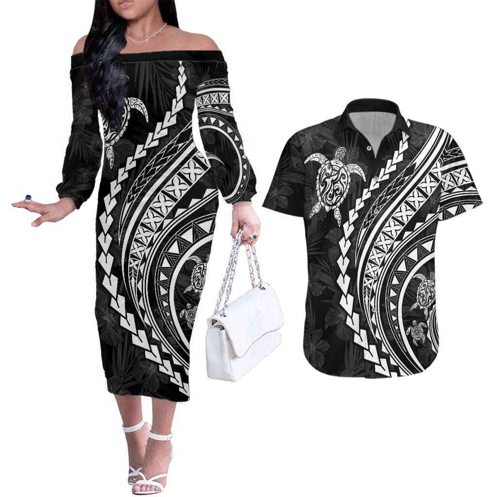 Polynesian Pride Couples Matching Off The Shoulder Long Sleeve Dress and Hawaiian Shirt Turtle Hibiscus Luxury Style - Black LT7 - Wonder Print Shop