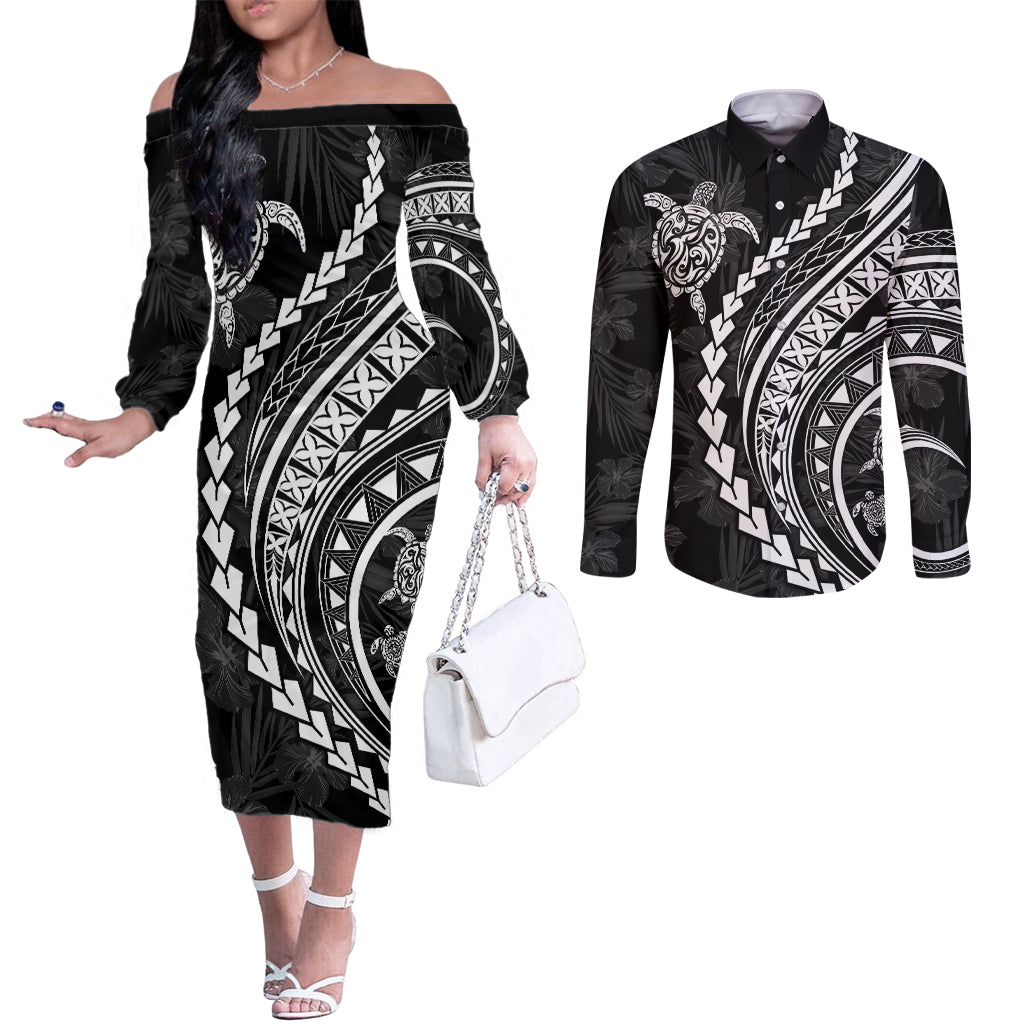 polynesian-pride-couples-matching-off-the-shoulder-long-sleeve-dress-and-long-sleeve-button-shirts-turtle-hibiscus-luxury-style-black