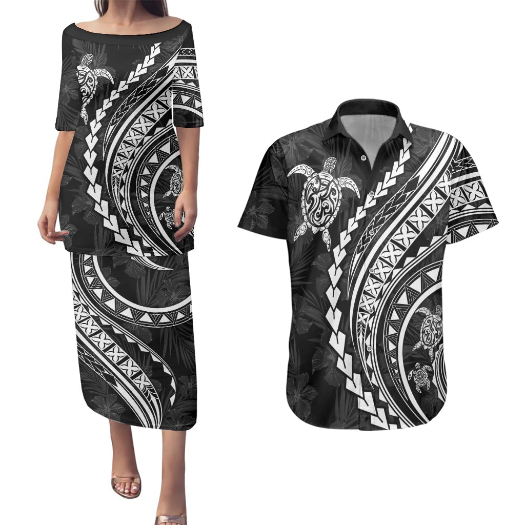 Polynesian Pride Couples Matching Puletasi Dress and Hawaiian Shirt Turtle Hibiscus Luxury Style - Black LT7 - Wonder Print Shop
