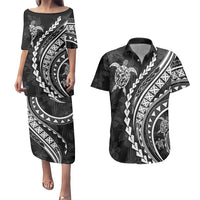 Polynesian Pride Couples Matching Puletasi Dress and Hawaiian Shirt Turtle Hibiscus Luxury Style - Black LT7 - Wonder Print Shop
