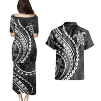 Polynesian Pride Couples Matching Puletasi Dress and Hawaiian Shirt Turtle Hibiscus Luxury Style - Black LT7 - Wonder Print Shop