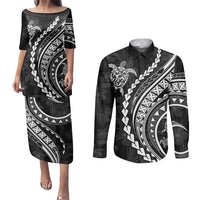 Polynesian Pride Couples Matching Puletasi Dress and Long Sleeve Button Shirts Turtle Hibiscus Luxury Style - Black LT7 - Wonder Print Shop