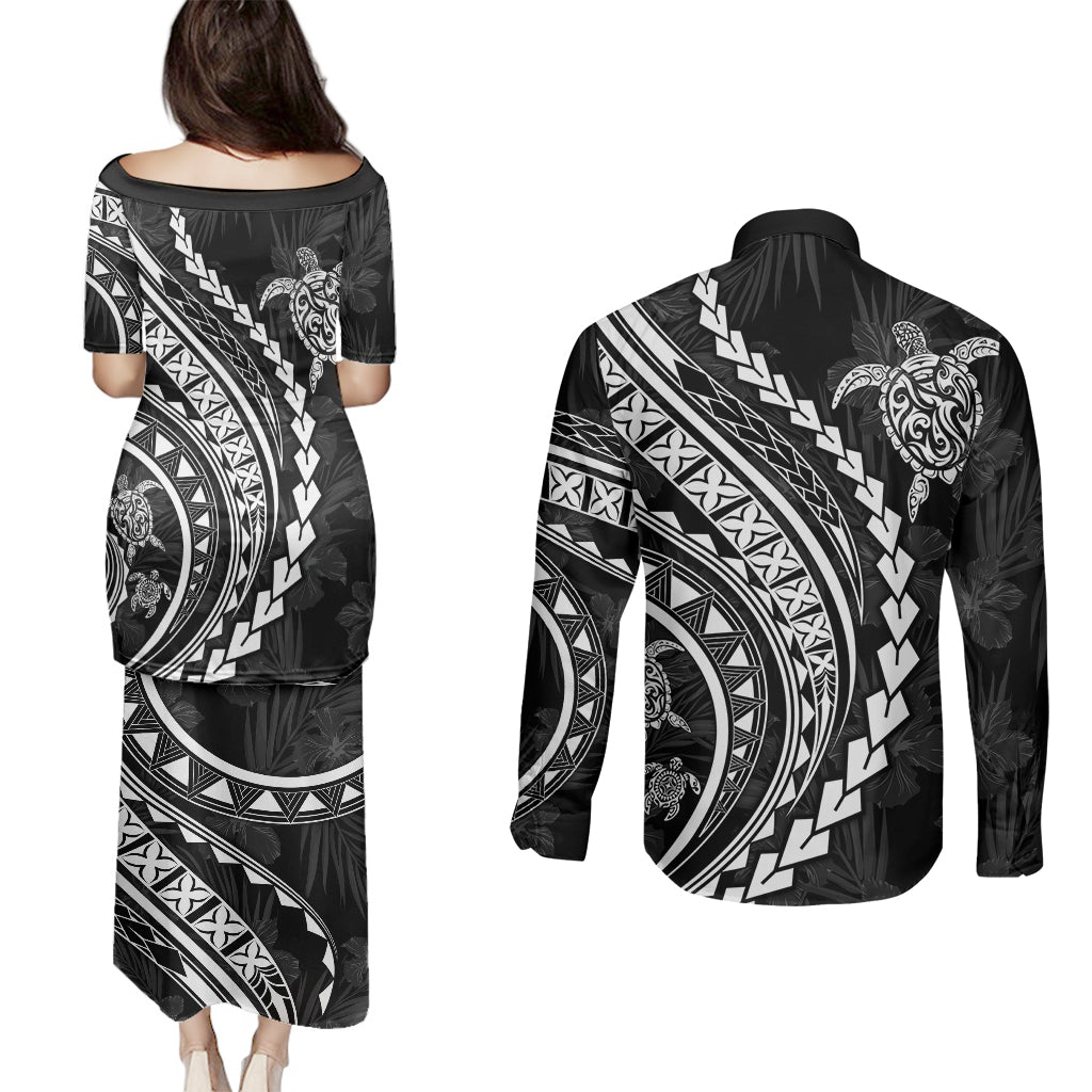Polynesian Pride Couples Matching Puletasi Dress and Long Sleeve Button Shirts Turtle Hibiscus Luxury Style - Black LT7 - Wonder Print Shop