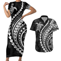 Polynesian Pride Couples Matching Short Sleeve Bodycon Dress and Hawaiian Shirt Turtle Hibiscus Luxury Style - Black LT7 - Wonder Print Shop