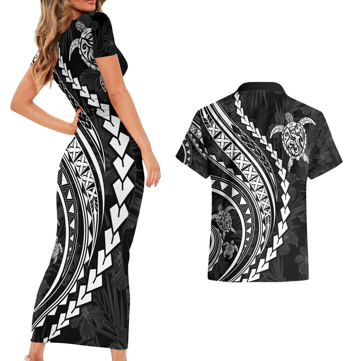 Polynesian Pride Couples Matching Short Sleeve Bodycon Dress and Hawaiian Shirt Turtle Hibiscus Luxury Style - Black LT7 - Wonder Print Shop