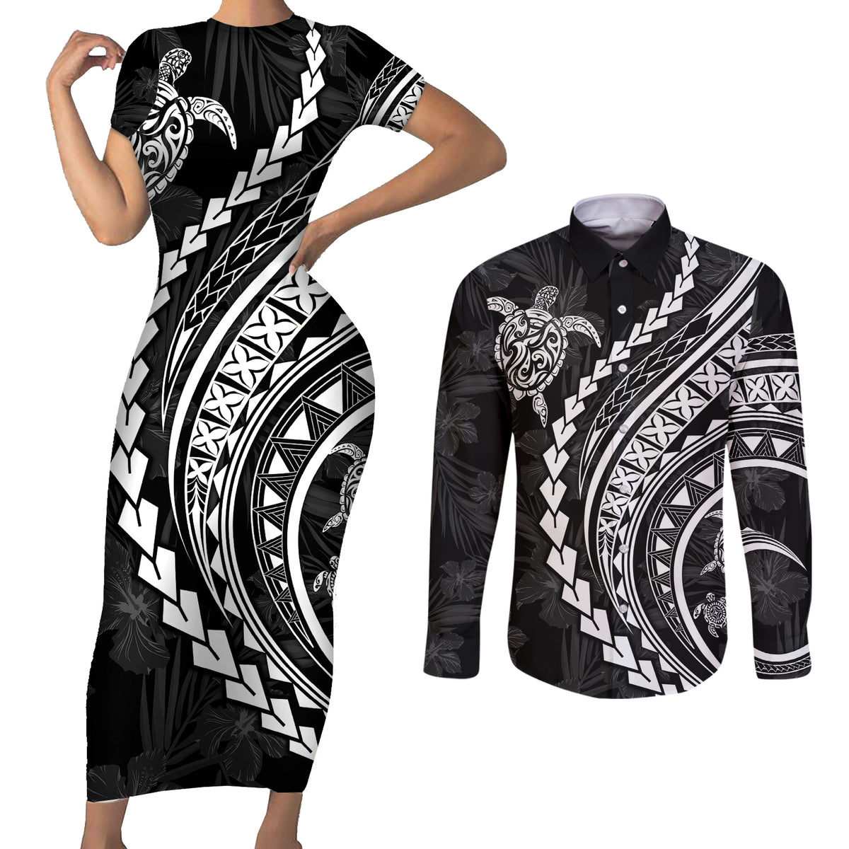 Polynesian Pride Couples Matching Short Sleeve Bodycon Dress and Long Sleeve Button Shirts Turtle Hibiscus Luxury Style - Black LT7 - Wonder Print Shop