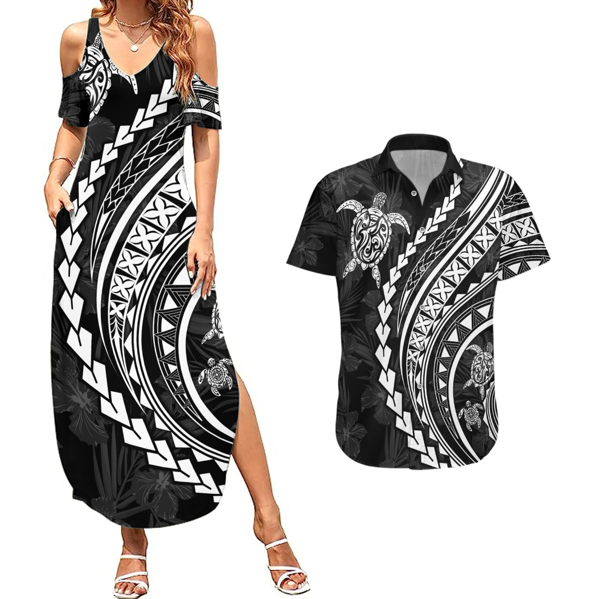 Polynesian Pride Couples Matching Summer Maxi Dress and Hawaiian Shirt Turtle Hibiscus Luxury Style - Black LT7 - Wonder Print Shop