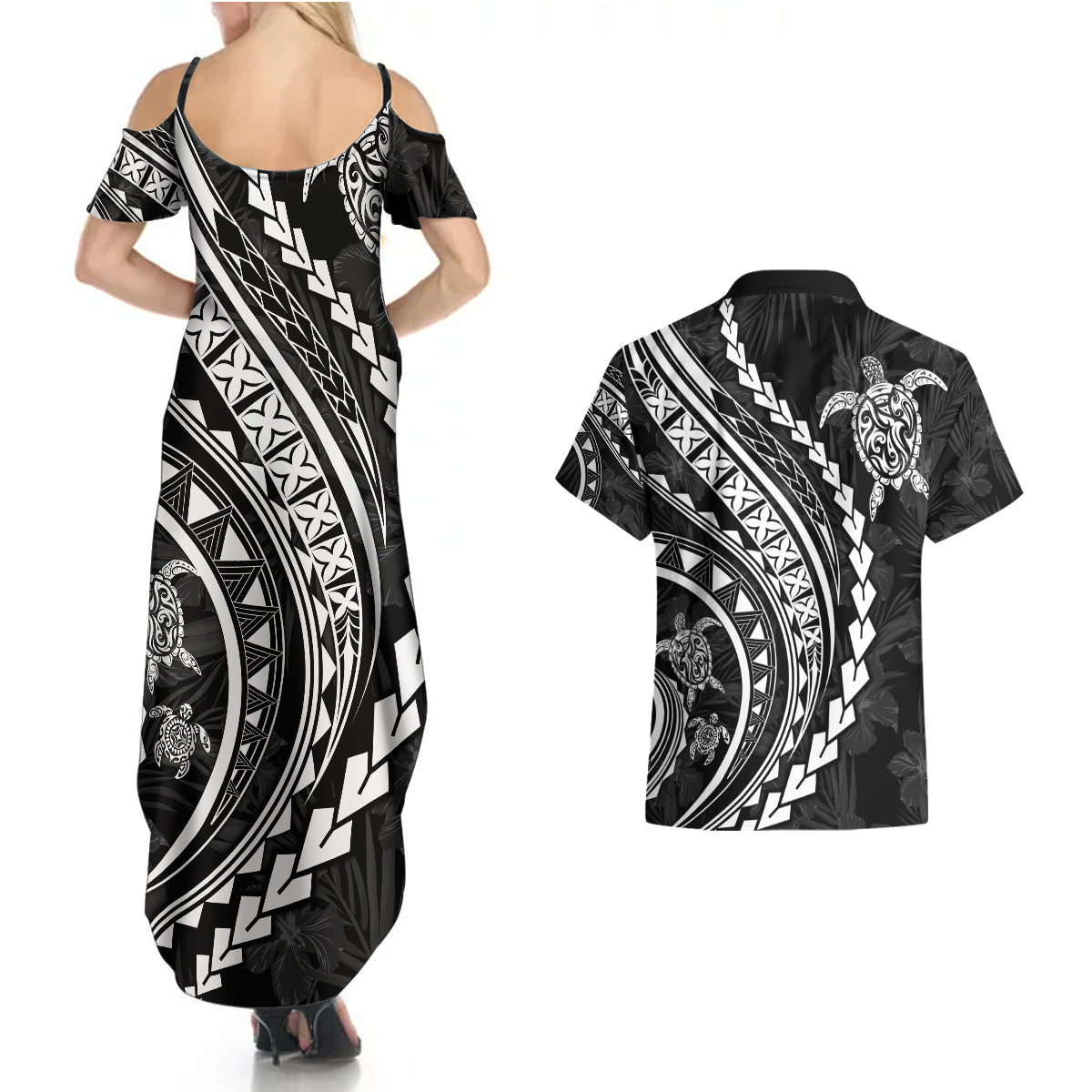 Polynesian Pride Couples Matching Summer Maxi Dress and Hawaiian Shirt Turtle Hibiscus Luxury Style - Black LT7 - Wonder Print Shop