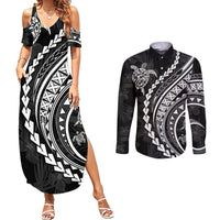 Polynesian Pride Couples Matching Summer Maxi Dress and Long Sleeve Button Shirts Turtle Hibiscus Luxury Style - Black LT7 - Wonder Print Shop