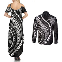 Polynesian Pride Couples Matching Summer Maxi Dress and Long Sleeve Button Shirts Turtle Hibiscus Luxury Style - Black LT7 - Wonder Print Shop