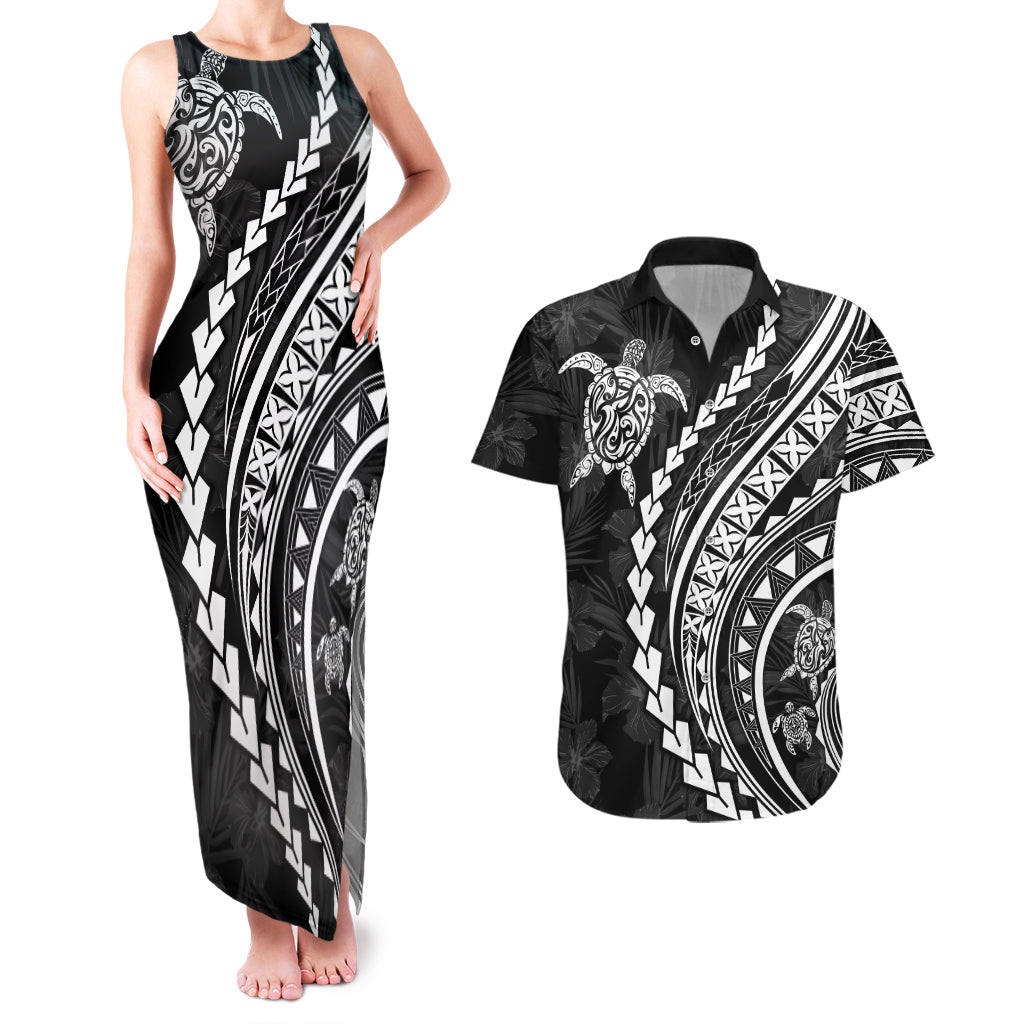 Polynesian Pride Couples Matching Tank Maxi Dress and Hawaiian Shirt Turtle Hibiscus Luxury Style - Black LT7 - Wonder Print Shop
