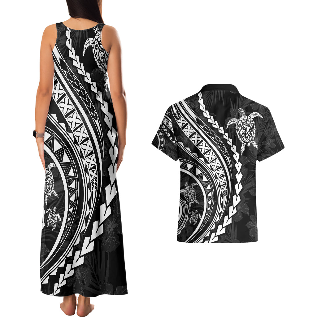 Polynesian Pride Couples Matching Tank Maxi Dress and Hawaiian Shirt Turtle Hibiscus Luxury Style - Black LT7 - Wonder Print Shop