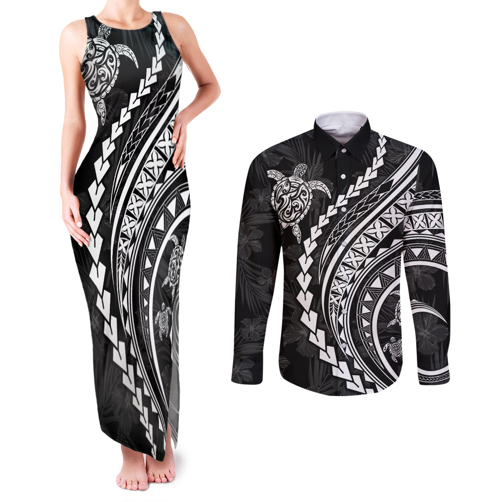 Polynesian Pride Couples Matching Tank Maxi Dress and Long Sleeve Button Shirts Turtle Hibiscus Luxury Style - Black LT7 - Wonder Print Shop