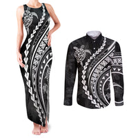 Polynesian Pride Couples Matching Tank Maxi Dress and Long Sleeve Button Shirts Turtle Hibiscus Luxury Style - Black LT7 - Wonder Print Shop